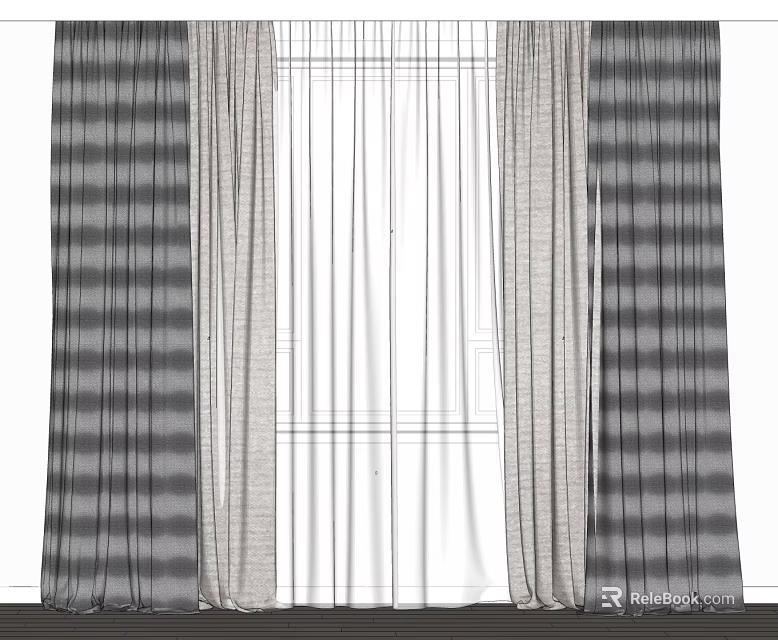 Modern Gray Plaid Curtains With Sheer Panels For Window Decoration 3d model