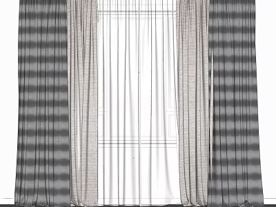 Modern Gray Plaid Curtains With Sheer Panels For Window Decoration 3d model