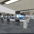 Bright Public Office Space With Multiple Desks Office Chairs Computers And Large Screen Monitors 3d model
