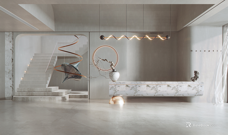 Modern Luxury Reception Desk With Marble Countertop Spiral Staircase And Hanging Lights 3d model 