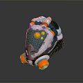 Futuristic Mechanical Weapon With Orange Wheels Transparent Mask And Gray Body Components