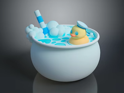 Playful Cartoon Round Bathtub Scene With Yellow Rubber Duck Bubbles And Blue White Striped Straw 3d model