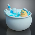 Playful Cartoon Round Bathtub Scene With Yellow Rubber Duck Bubbles And Blue White Striped Straw