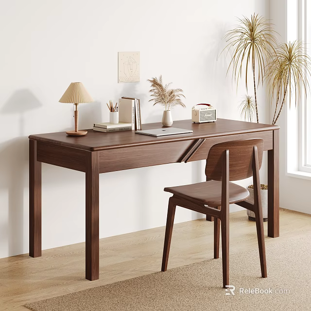 Modern Wooden Desk With Table Lamp Books Laptop And Wooden Chair Near Potted Plant 3d model 