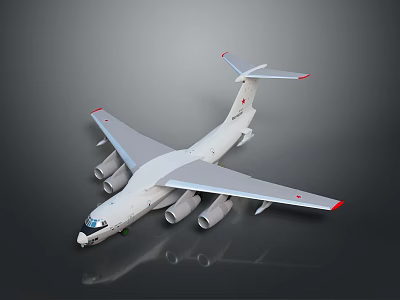 White Military Transport Aircraft 3D Model With Four Engines Red Markings And Gray Background 3d model