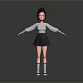 Woman with bun in gray off-shoulder sweater black pleated skirt black white sneakers arms outstretched 3d model