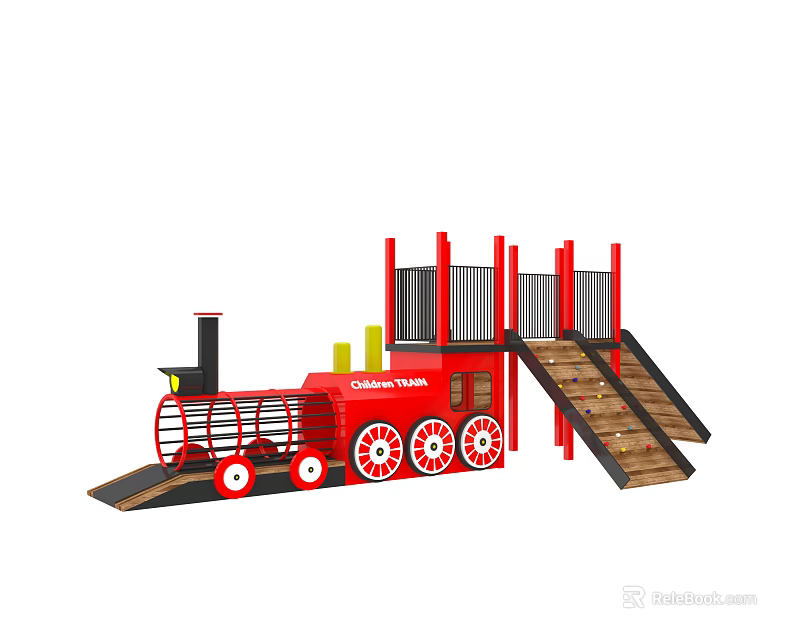 Red Train Shaped Playground Equipment With Climbing Stairs And Platforms 3d model