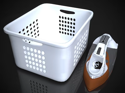 White Perforated Laundry Basket And Brown Steam Iron For Daily Household Use 3d model