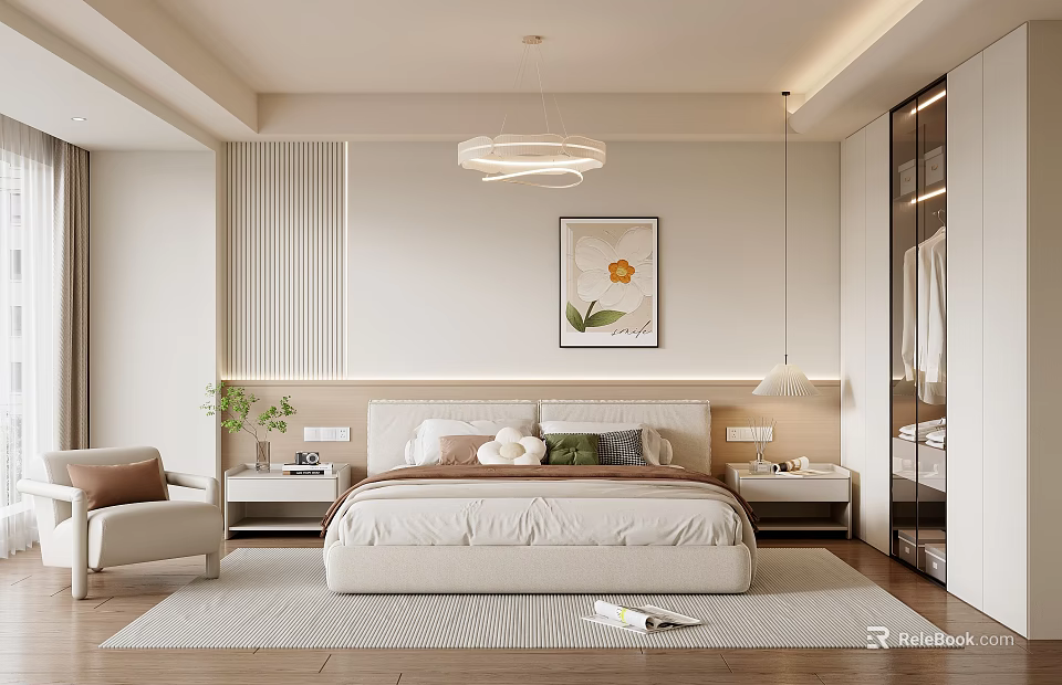 Modern Minimalist Bedroom With Soft Pendant Lighting Cozy Bed And Floral Art 3d model 