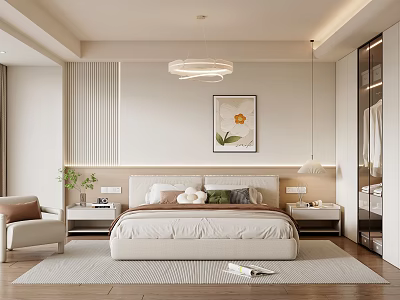 Modern Minimalist Bedroom With Soft Pendant Lighting Cozy Bed And Floral Art 3d model