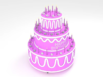 Pink Three Tiered Birthday Cake Decorated with White Frosting Swirls Happy Birthday Text and Candles 3d model
