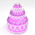 Pink Three Tiered Birthday Cake Decorated with White Frosting Swirls Happy Birthday Text and Candles