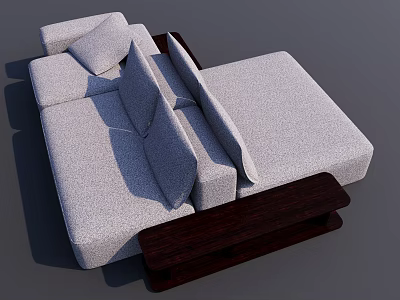Modern Unconventional Shaped Sofa With Modular Design Gray Fabric Cushions And Wooden Base 3d model