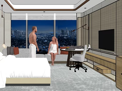 Modern Bedroom Interior With Large Bed Floor To Ceiling Windows And City Night View 3d model