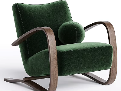 Modern Green Velvet Rocking Chair with Curved Wooden Armrests and Round Pillow 3d model