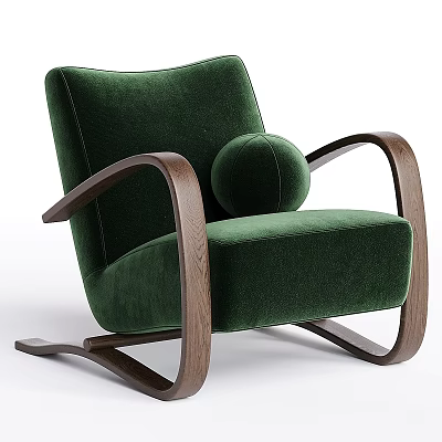Modern Green Velvet Rocking Chair with Curved Wooden Armrests and Round Pillow 3d model