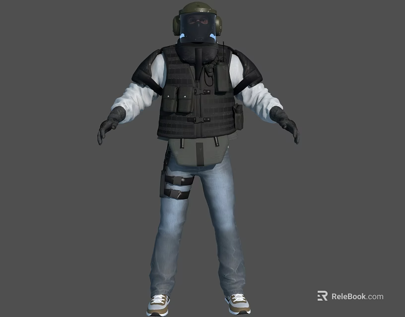 Tactical Character Wearing Black Bulletproof Vest White Long Sleeve Shirt And Blue Jeans 3d model 