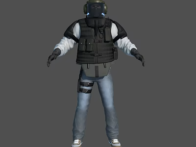 Tactical Character Wearing Black Bulletproof Vest White Long Sleeve Shirt And Blue Jeans 3d model