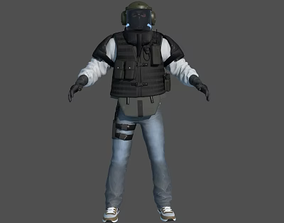 Tactical Character Wearing Black Bulletproof Vest White Long Sleeve Shirt And Blue Jeans 3d model