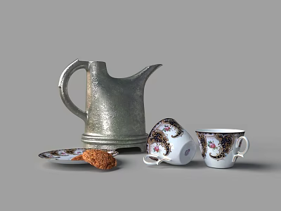 European-style Ancient Silver Teapot Color Pattern White Porcelain Tea Cup Dinner Plate Crisp Cake Dessert 3d model