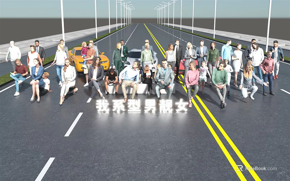 Group of People Standing on Road with Street Lamps and Vehicles 3d model 