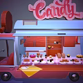 Pink And Blue Candy Food Truck With Sign Various Candies Tables Chairs And Chalkboard Menu