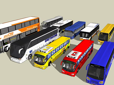 Colorful City Buses And Coaches In Various Designs And Sizes 3d model