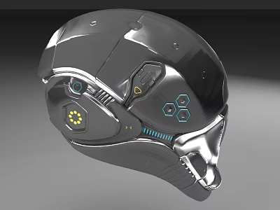 Futuristic Tech Helmet With Metallic Surface LED Lights And Mechanical Details 3d model