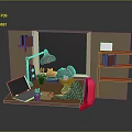 Working Person And Potted Plant At Desk With Laptop Lamp And Red Bookshelf