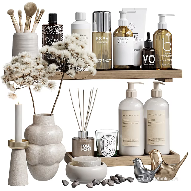 Modern Bathroom Set With Aromatherapy Products Hand Soap Bottles And Dried Flowers On Wooden Shelf 3d model 