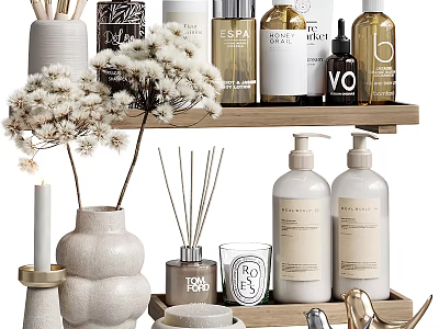 Modern Bathroom Set With Aromatherapy Products Hand Soap Bottles And Dried Flowers On Wooden Shelf 3d model