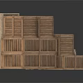 Wooden Crates Stacked in Various Sizes and Arrangements on White Surface