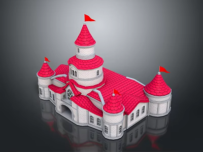 Fairy Tale Style Castle With Red Roof Spires And Flags On Gray Background 3d model