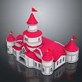 Fairy Tale Style Castle With Red Roof Spires And Flags On Gray Background