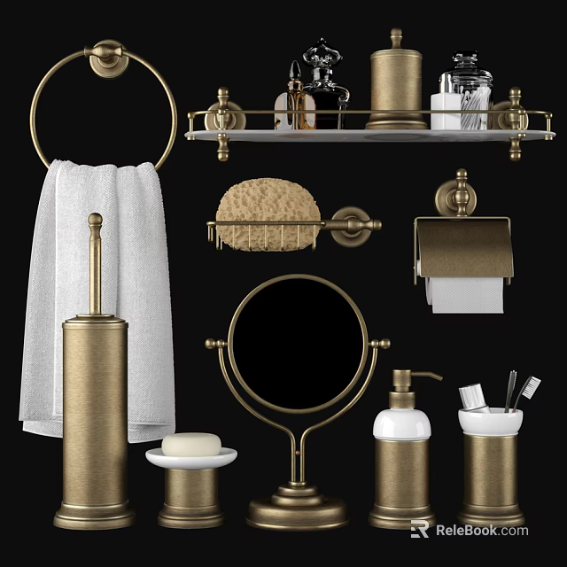 Elegant Bathroom Accessories Set With Golden Brass Towel Rack Mirror Soap Dispenser And Toothbrush Holder 3d model 