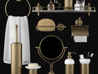 Elegant Bathroom Accessories Set With Golden Brass Towel Rack Mirror Soap Dispenser And Toothbrush Holder 3d model