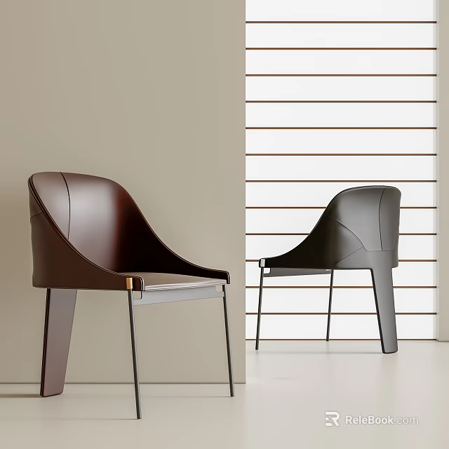 Modern Single Chair With Curved Leather Design Dark Brown Black Metal Legs 3d model 