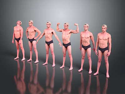 Muscular Men In Black Swim Trunks Posing In Various Styles On Gray Background With Reflections 3d model