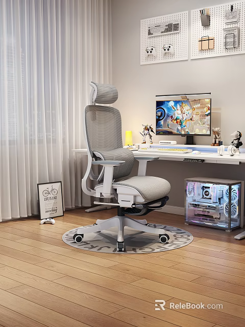 Gray Mesh Office Chair With Adjustable Headrest Wide Armrests For Modern Gaming Computer Desk 3d model