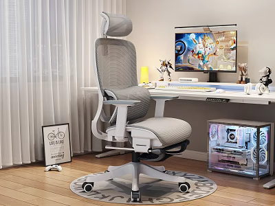 Gray Mesh Office Chair With Adjustable Headrest Wide Armrests For Modern Gaming Computer Desk 3d model