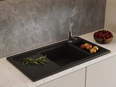 Black Kitchen Sink On Light Countertop With Gray Marble Backsplash And Fresh Fruits 3d model