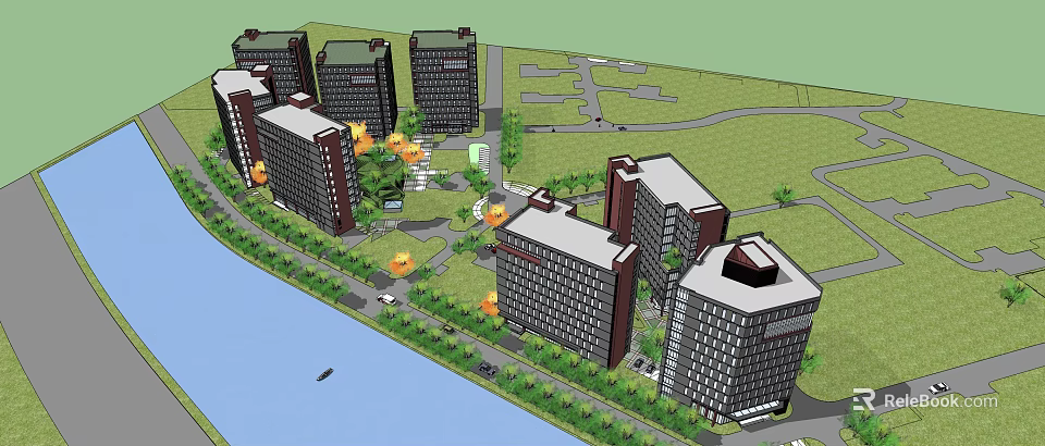 Modern High Rise Residential Complex With Green Landscape And Riverfront Area 3d model 
