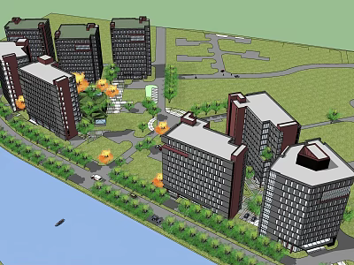 Modern High Rise Residential Complex With Green Landscape And Riverfront Area 3d model