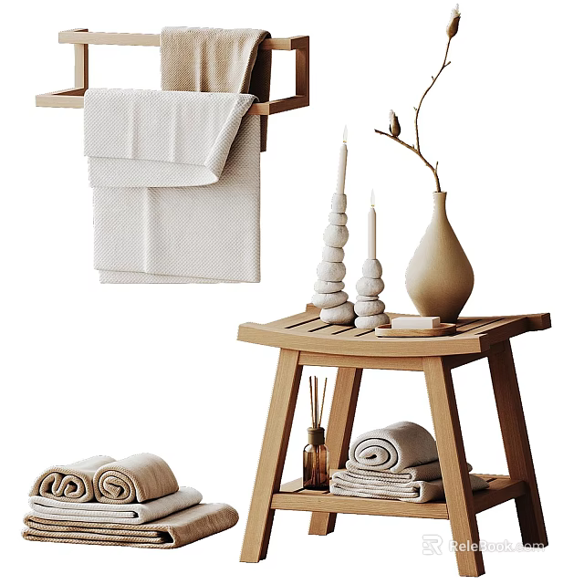 Bathroom Towel Storage With Wooden Rack And Decor 3d model 