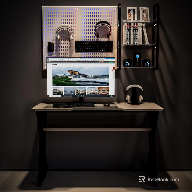 Modern Computer Setup With Monitor Keyboard Headphones And Desk Accessories 3d model 