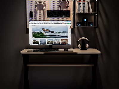 Modern Computer Setup With Monitor Keyboard Headphones And Desk Accessories 3d model