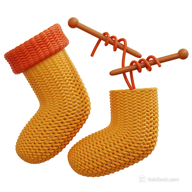 Yellow And Orange Knitted Socks Hanging On Wooden Clothespins With Red Strings 3d model 