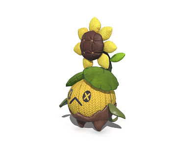 Cute Sunflower Themed Game and Movie Character With Knitted Body X Eyes and Green Leaves 3d model