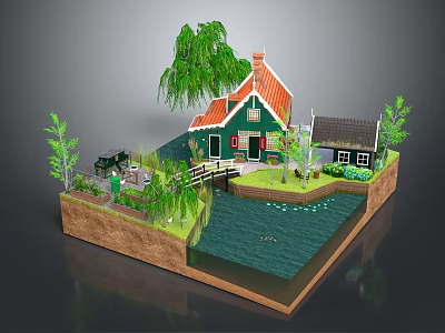 Cartoon Scene Featuring Green House With Red Roof Weeping Willow Small Bridge And Pond 3d model