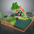 Cartoon Scene Featuring Green House With Red Roof Weeping Willow Small Bridge And Pond
